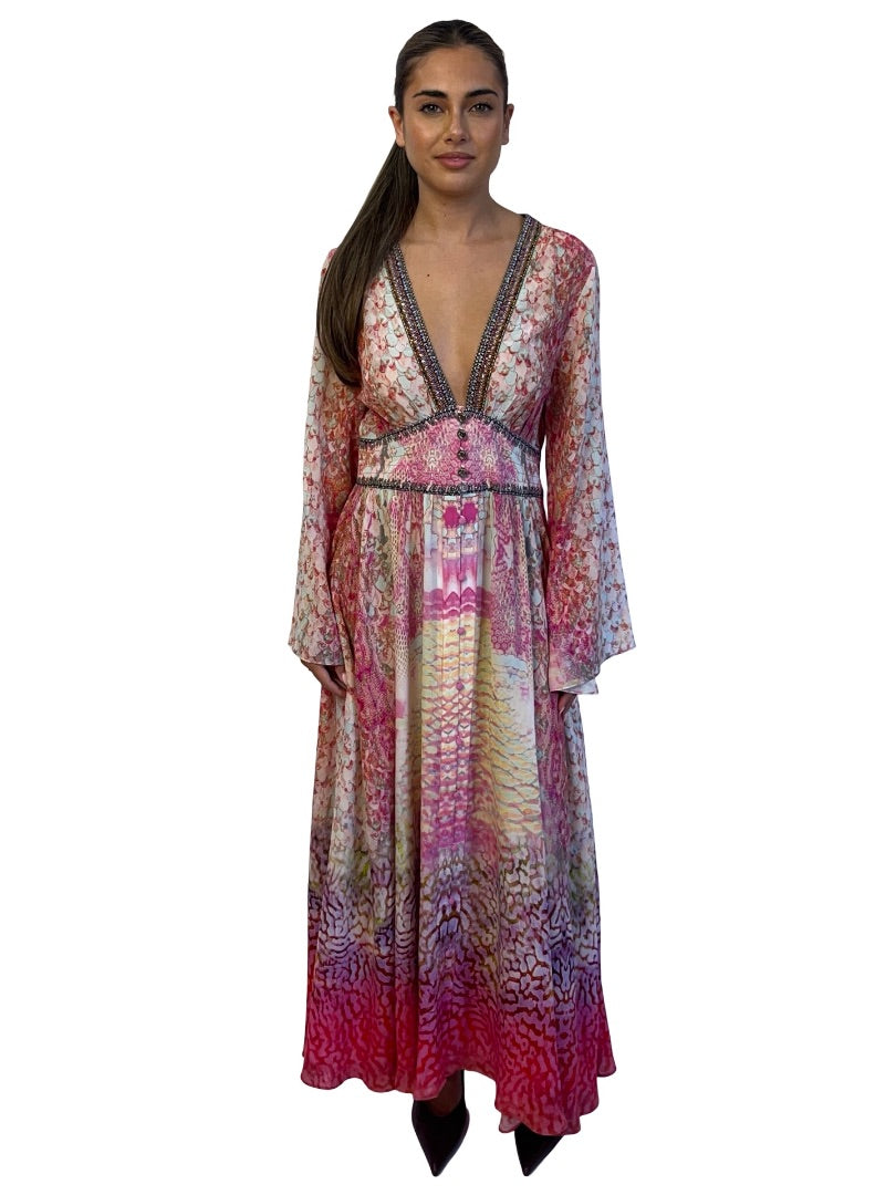 Camilla Pink Serpentine Dreams Kimono Sleeve Dress w/ Shirring Detail. Size: S