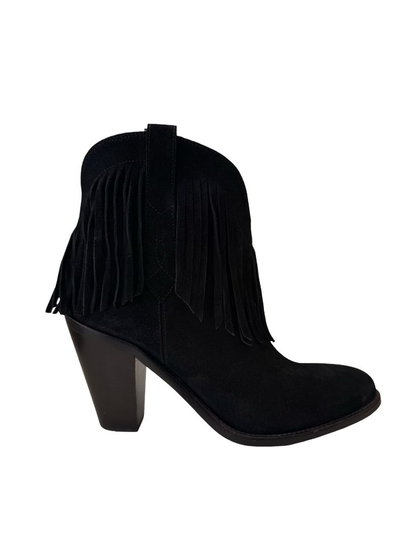 Saint Laurent Black Western Suede Fringe Ankle Boot. Size: 39