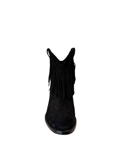 Saint Laurent Black Western Suede Fringe Ankle Boot. Size: 39
