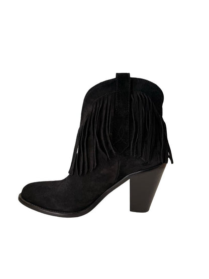 Saint Laurent Black Western Suede Fringe Ankle Boot. Size: 39