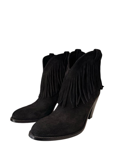 Saint Laurent Black Western Suede Fringe Ankle Boot. Size: 39