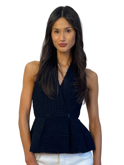 Scanlan Theodore Navy / Black Peplum Mesh Top. Size: 6