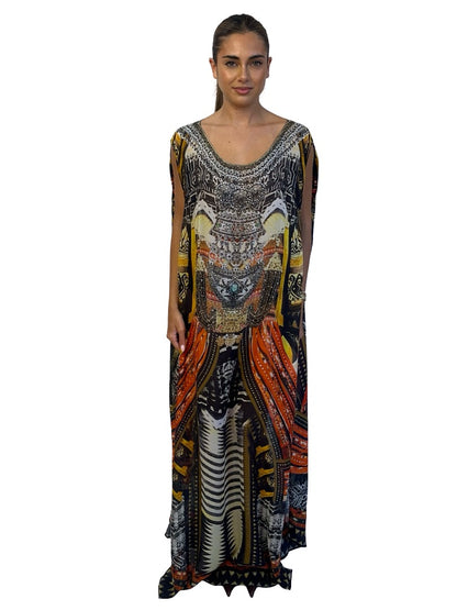 Camilla Yellow / Multi-Colour Warrior Sheer Round Neck Kaftan. Size: O/S