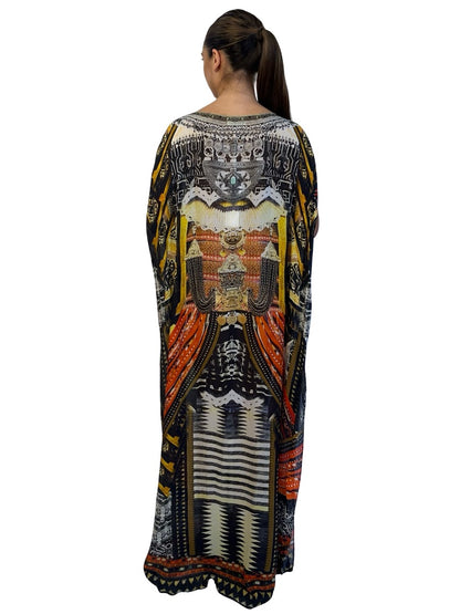 Camilla Yellow / Multi-Colour Warrior Sheer Round Neck Kaftan. Size: O/S