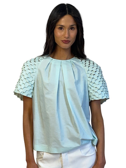 Kenzo Mint Blouse w/ Dragon Scale Smock Sleeve. Size: 40
