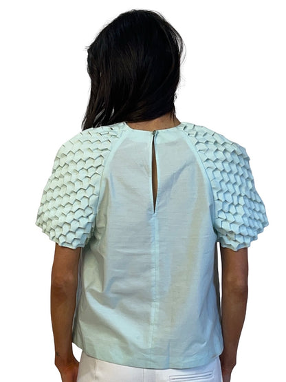 Kenzo Mint Blouse w/ Dragon Scale Smock Sleeve. Size: 40