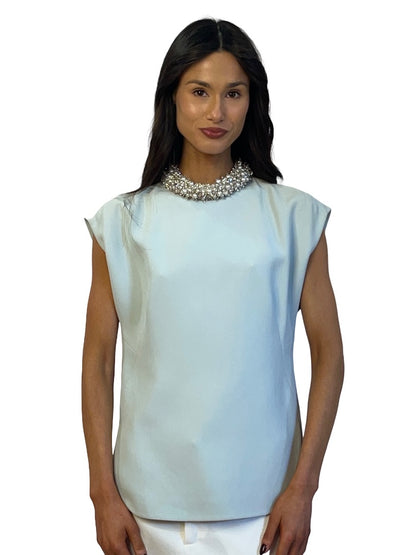 Balenciaga Blue Embellished Neck Blouse. Size: 36