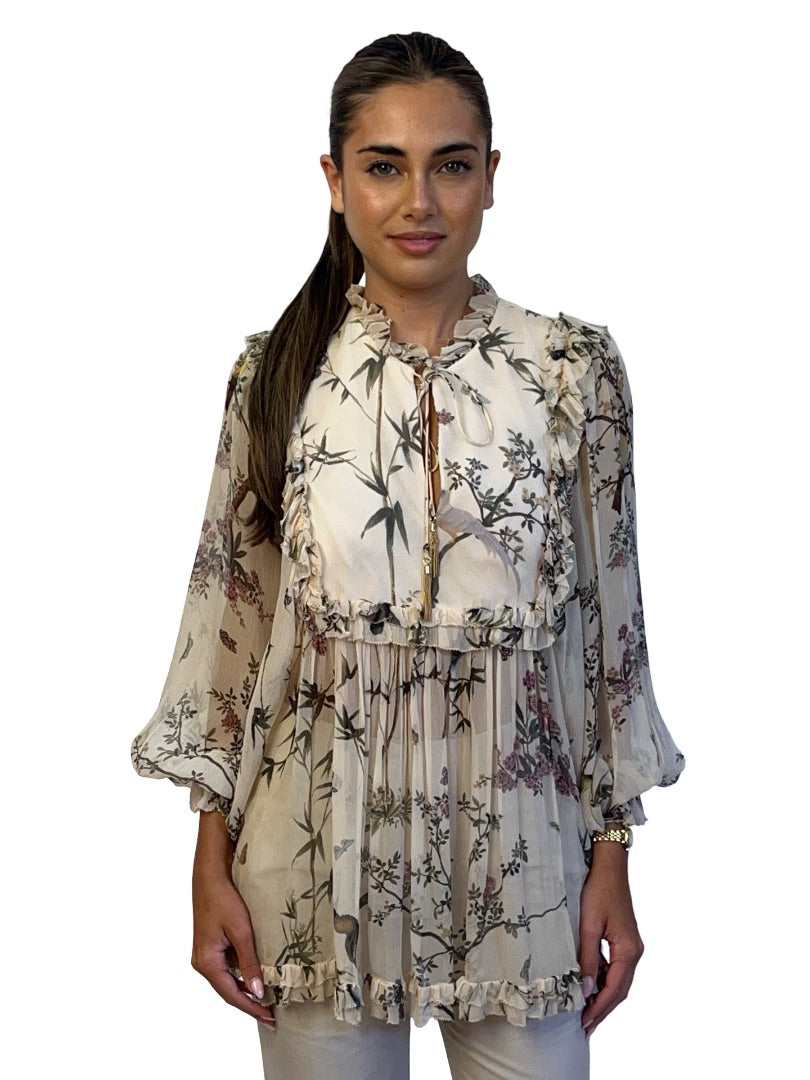 Zimmermann Neutral / Green Silk Botanical Print Blouse. Size: 1
