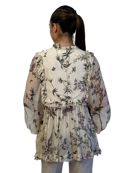 Zimmermann Neutral / Green Silk Botanical Print Blouse. Size: 1