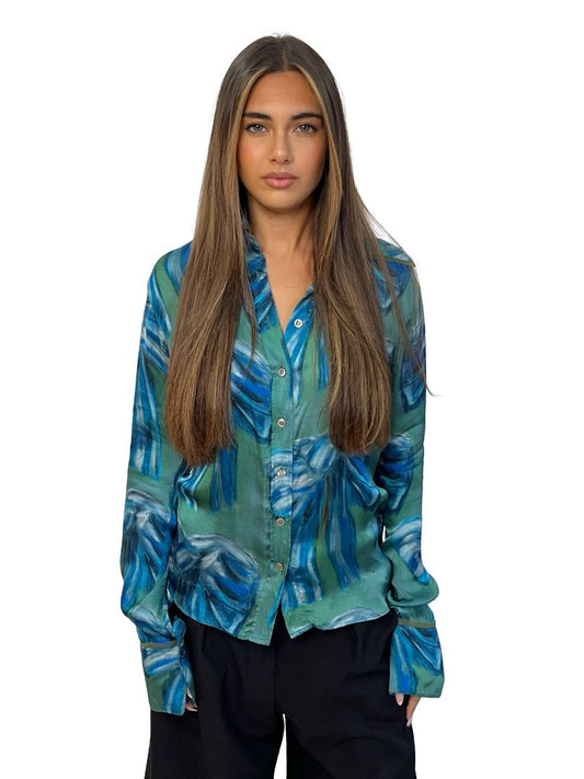 Acne Studios Blue/Green Satin Bow Print Shirt. Size: 36