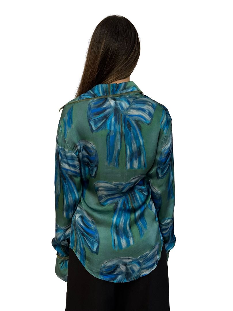 Acne Studios Blue/Green Satin Bow Print Shirt. Size: 36