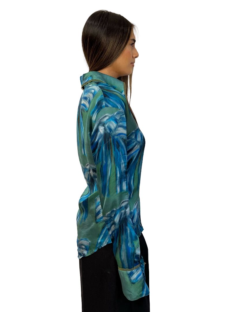 Acne Studios Blue/Green Satin Bow Print Shirt. Size: 36