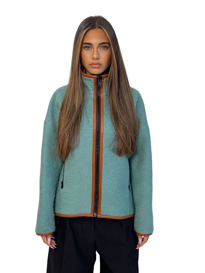 O.P On Parks Teal Wool Blend 'Marc' Zip Up Jacket W Camel Trim. Size: 8