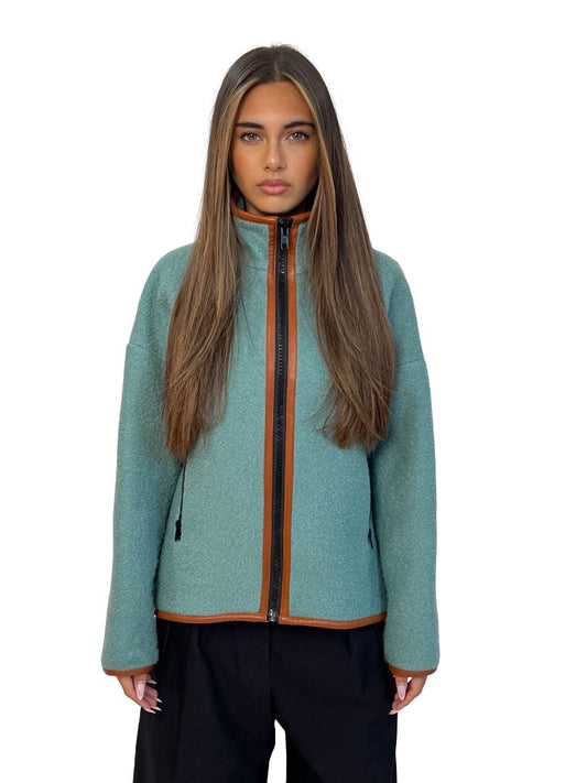 O.P On Parks Teal Wool Blend 'Marc' Zip Up Jacket W Camel Trim. Size: 8