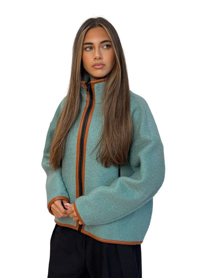 O.P On Parks Teal Wool Blend 'Marc' Zip Up Jacket W Camel Trim. Size: 8
