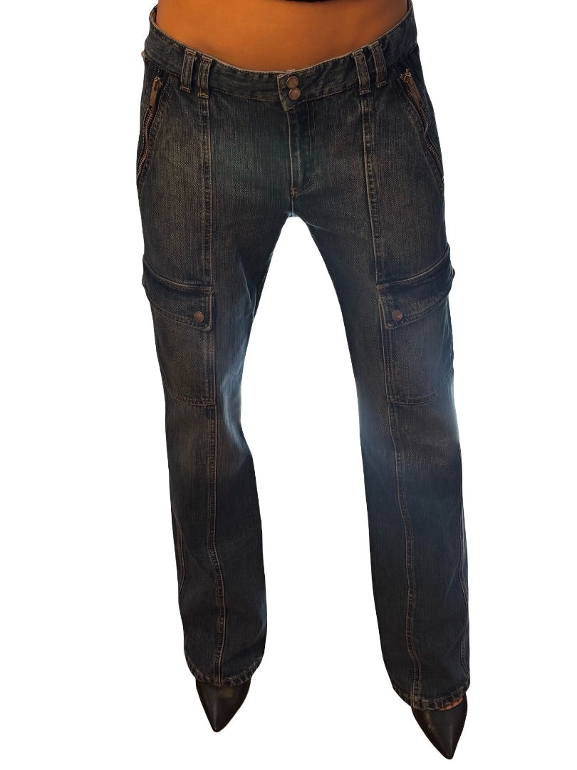 Burberry Blue Denim Cargo Jeans W Zip/Pocket Detail. Size: 10