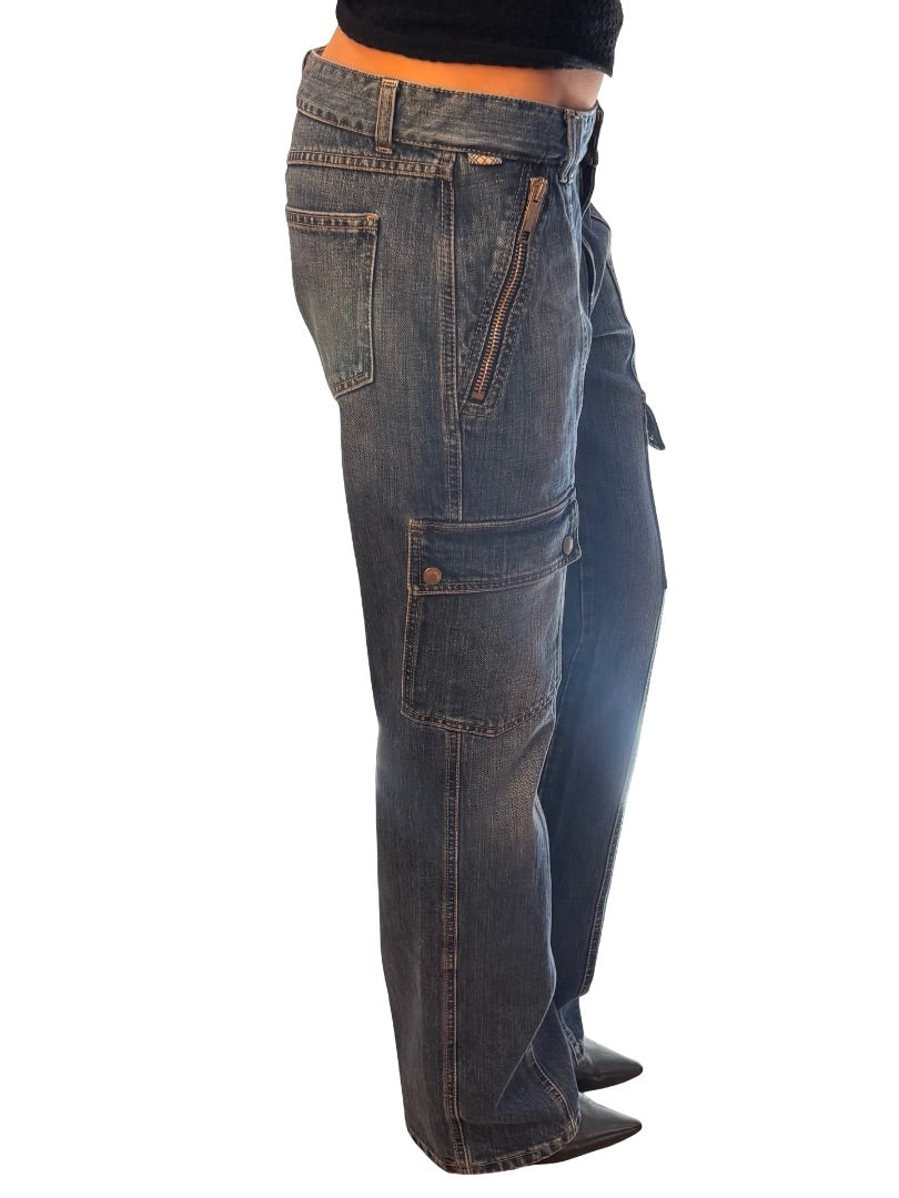 Burberry Blue Denim Cargo Jeans W Zip/Pocket Detail. Size: 10