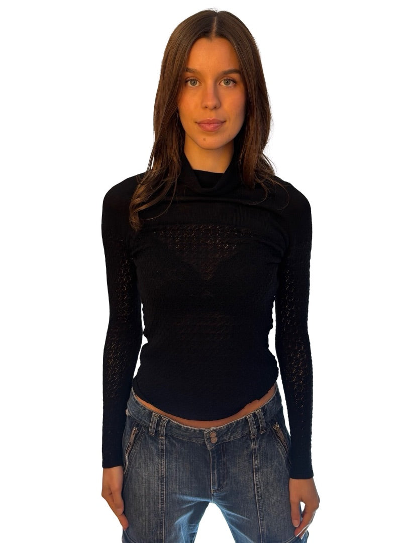 Paul & Shark Black Wool/Cashmere Turtleneck Crochet Long Sleeve. Size: S