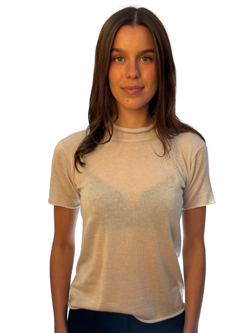 Giorgio Armani Cream Cashmere Mock Neck Tee. Size: 44