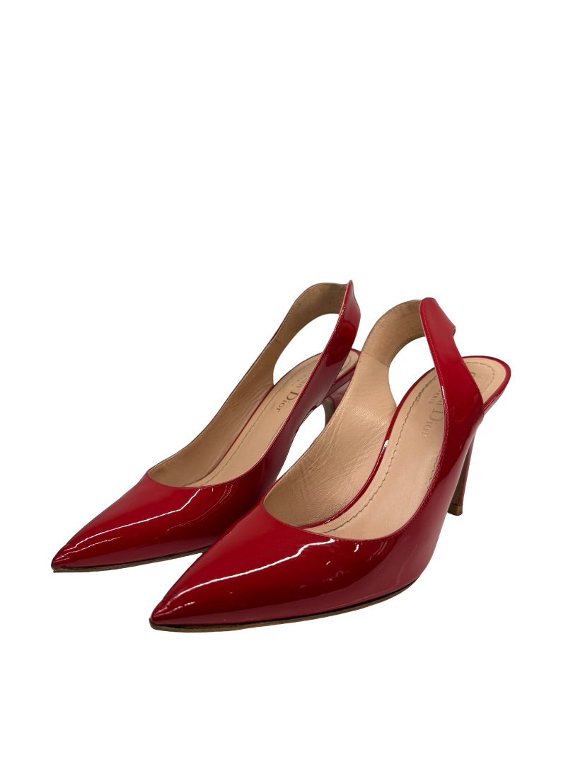 Christian Dior Red Obsesse-D Patent Calfskin Slingback Pump. Size: 37.5