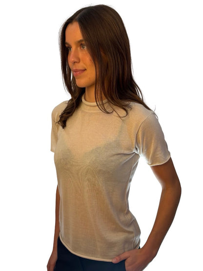 Giorgio Armani Cream Cashmere Mock Neck Tee. Size: 44