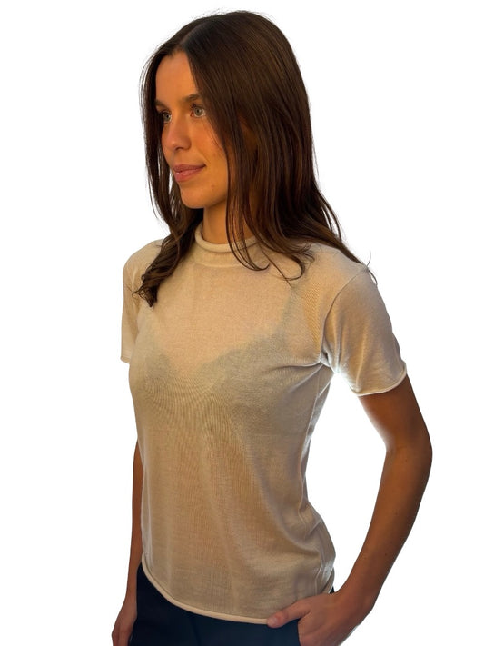 Giorgio Armani Cream Cashmere Mock Neck Tee. Size: 44