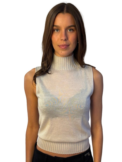Giorgio Armani Light Grey Cashmere/Silk Mock Neck Sleeveless Top. Size: 46