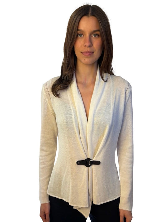 Giorgio Armani Cream Leather Clasp Cashmere Cardigan. Size: 44