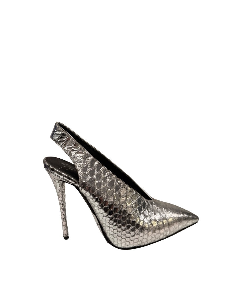 Giuseppe Zanotti Silver Metallic Python Slingback Pumps. Size: 37.5