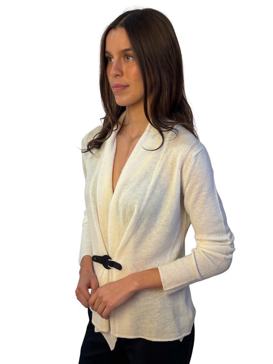 Giorgio Armani Cream Leather Clasp Cashmere Cardigan. Size: 44