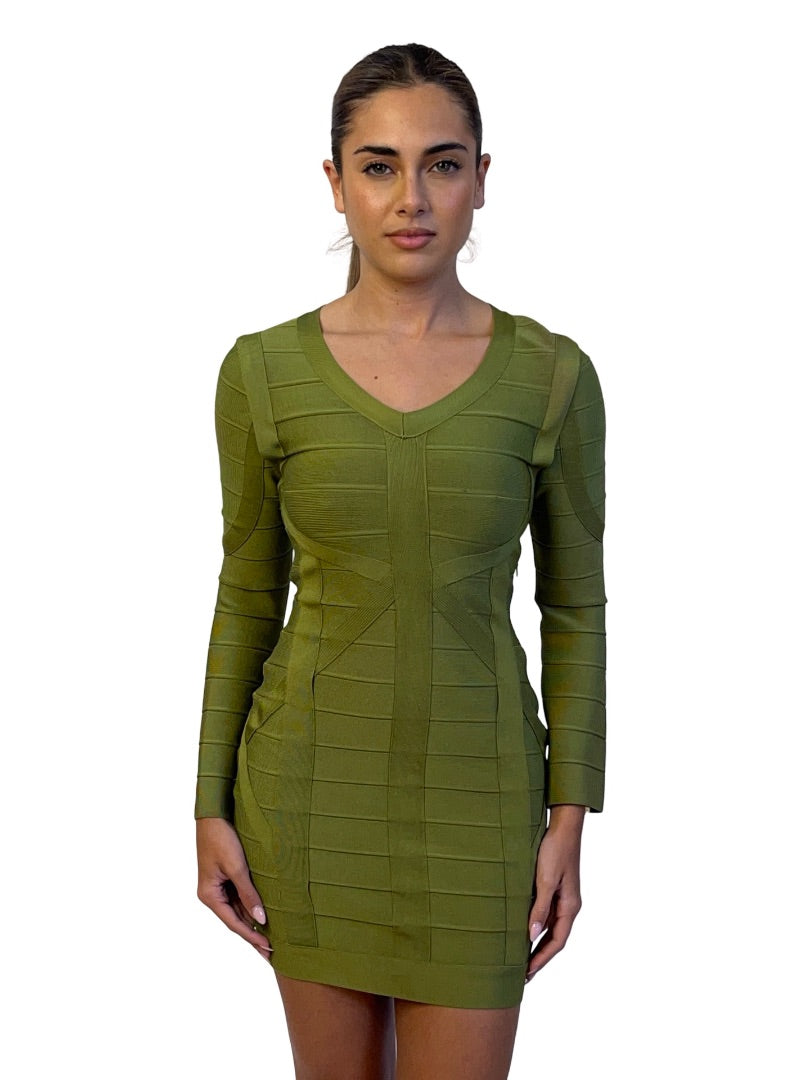 Herve Leger Olive Green Bandage Wrap Long Sleeve Mini Dress. Size: M