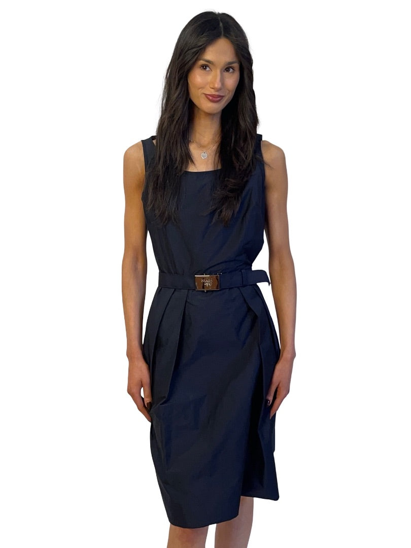 Prada Navy Nylon Boat Neck Belted Dress. Size: 44