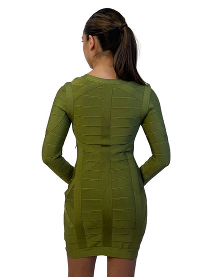 Herve Leger Olive Green Bandage Wrap Long Sleeve Mini Dress. Size: M