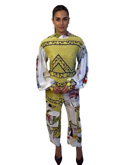 Ganni Yellow / Multi-Colour Print Blouse & Pant Set. Size: 38 / 36