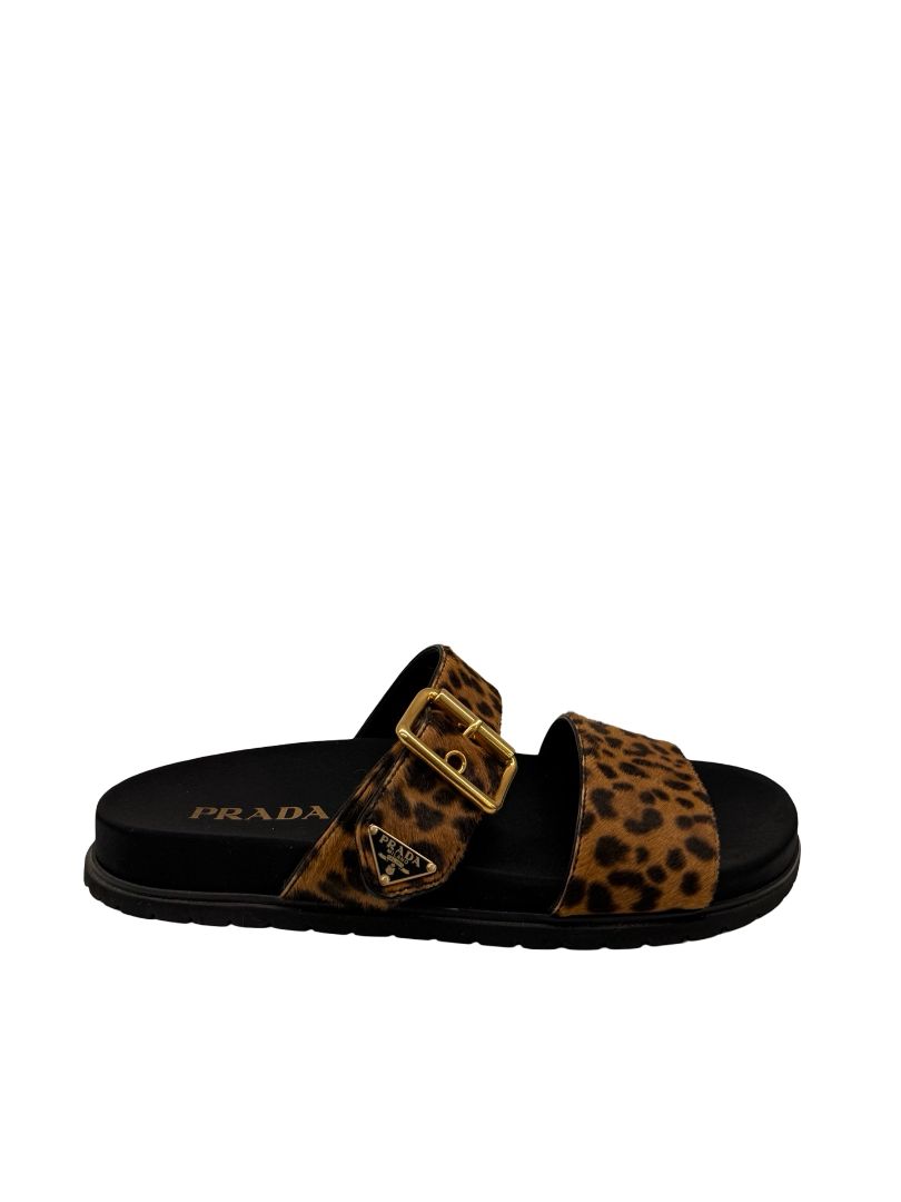 Prada Brown Leopard Ponyhair Triangle Logo Sandals. Size: 38