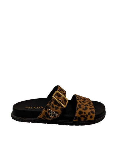 Prada Brown Leopard Ponyhair Triangle Logo Sandals. Size: 38