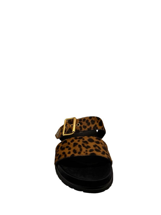 Prada Brown Leopard Ponyhair Triangle Logo Sandals. Size: 38