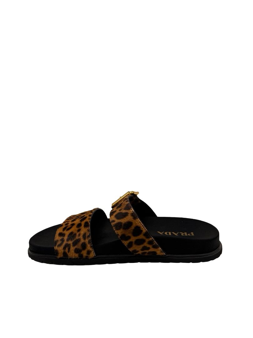 Prada Brown Leopard Ponyhair Triangle Logo Sandals. Size: 38
