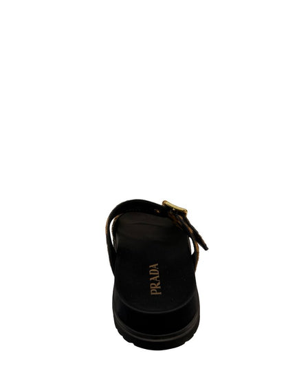 Prada Brown Leopard Ponyhair Triangle Logo Sandals. Size: 38