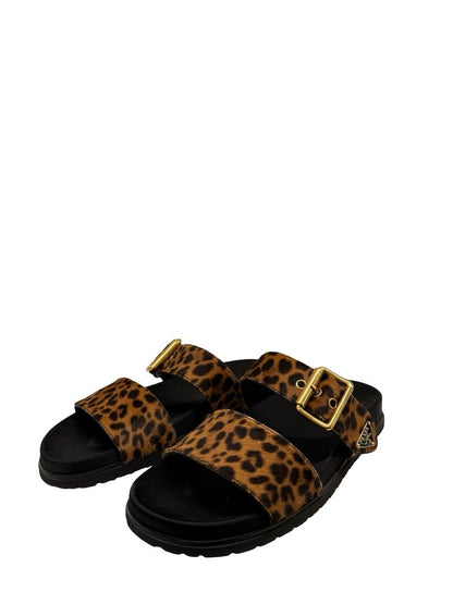 Prada Brown Leopard Ponyhair Triangle Logo Sandals. Size: 38
