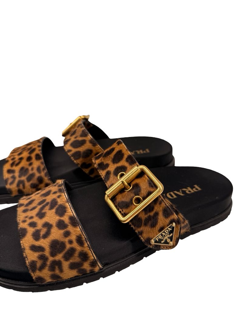 Prada Brown Leopard Ponyhair Triangle Logo Sandals. Size: 38