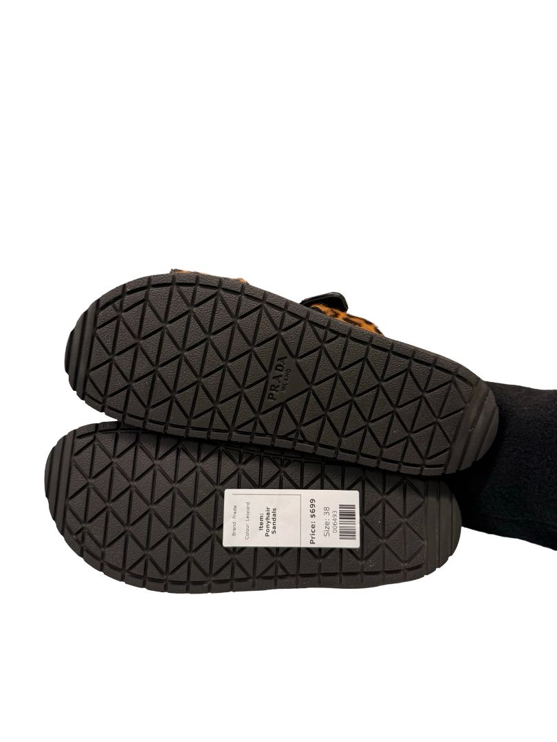 Prada Brown Leopard Ponyhair Triangle Logo Sandals. Size: 38