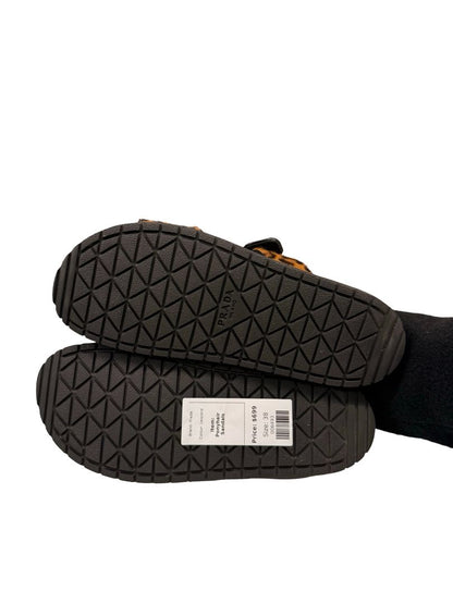 Prada Brown Leopard Ponyhair Triangle Logo Sandals. Size: 38