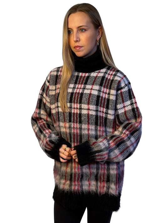 Helmut Lang Black / White / Red Chunky Check Knit Brushed Sweater. Size: L