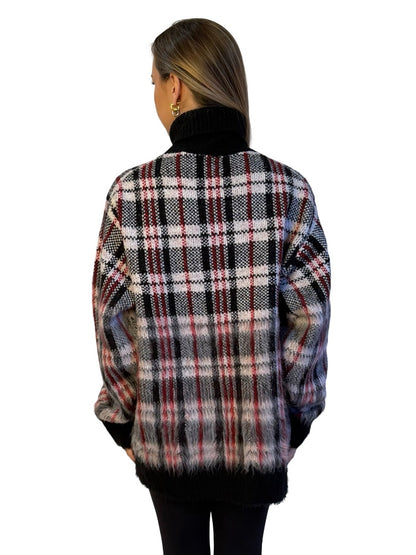 Helmut Lang Black / White / Red Chunky Check Knit Brushed Sweater. Size: L