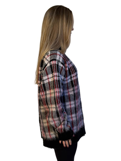 Helmut Lang Black / White / Red Chunky Check Knit Brushed Sweater. Size: L