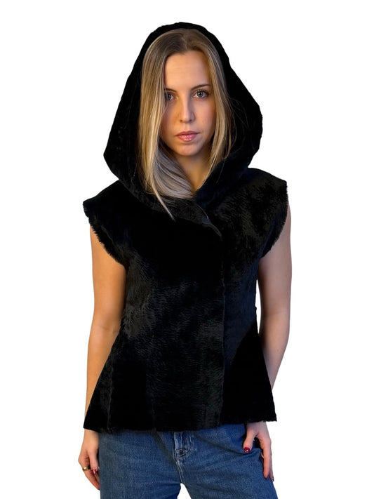 Scanlan Theodore Black Kangaroo Fur & Leather Hooded Vest. Size: 12