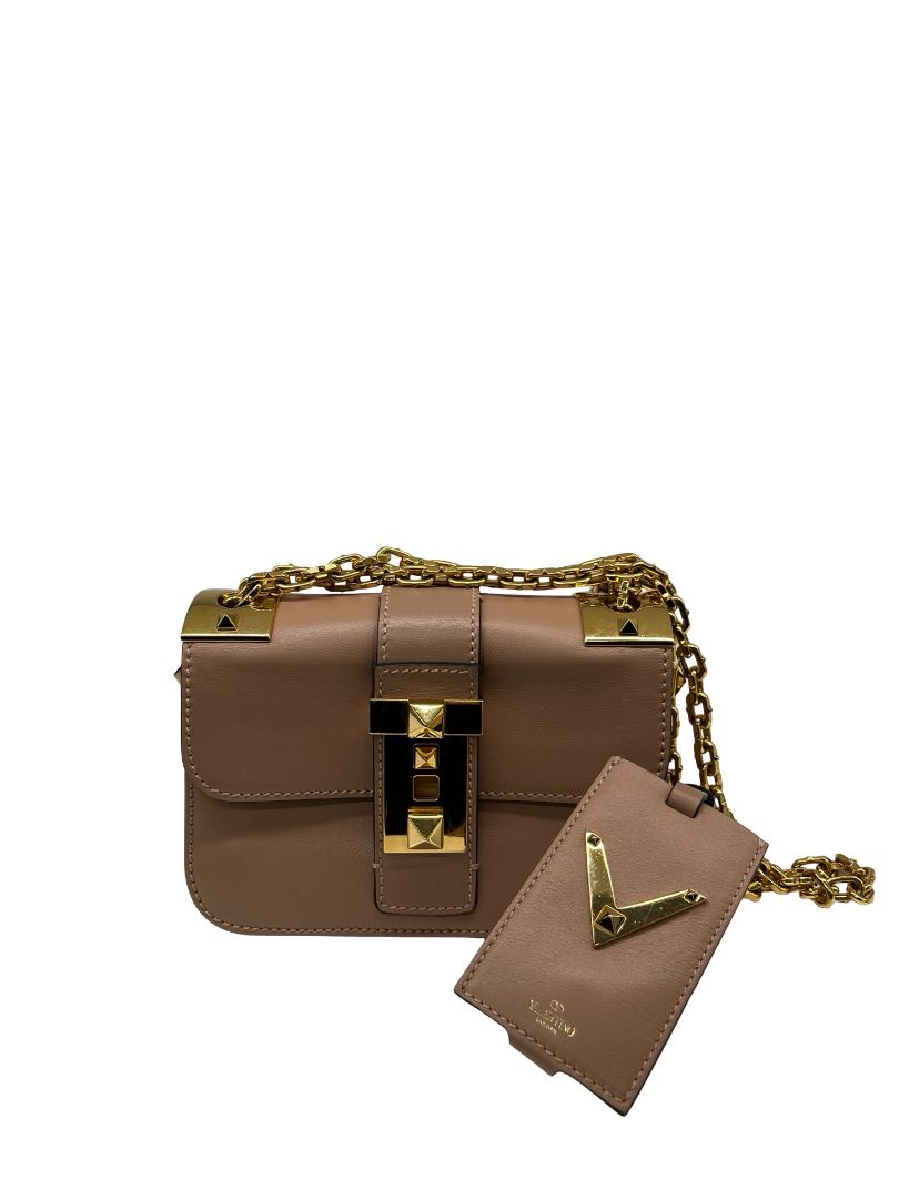 Valentino Garavani Biege Rockstud Leather Flap Shoulder Bag