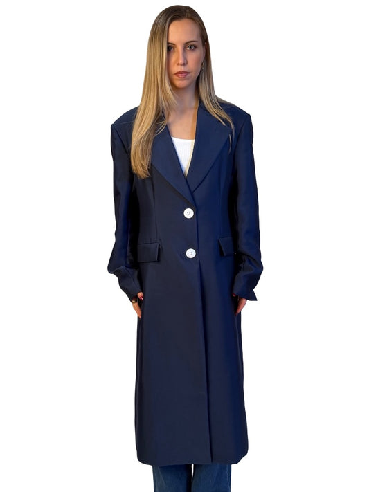 Lee Matthews Navy Shiny Coat w/ Pearlescent Buttons. Size: L