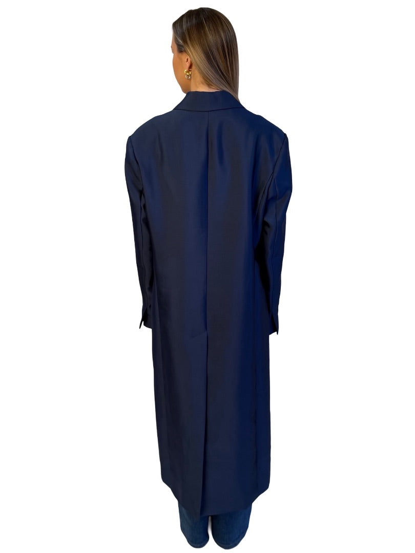 Lee Matthews Navy Shiny Coat w/ Pearlescent Buttons. Size: L